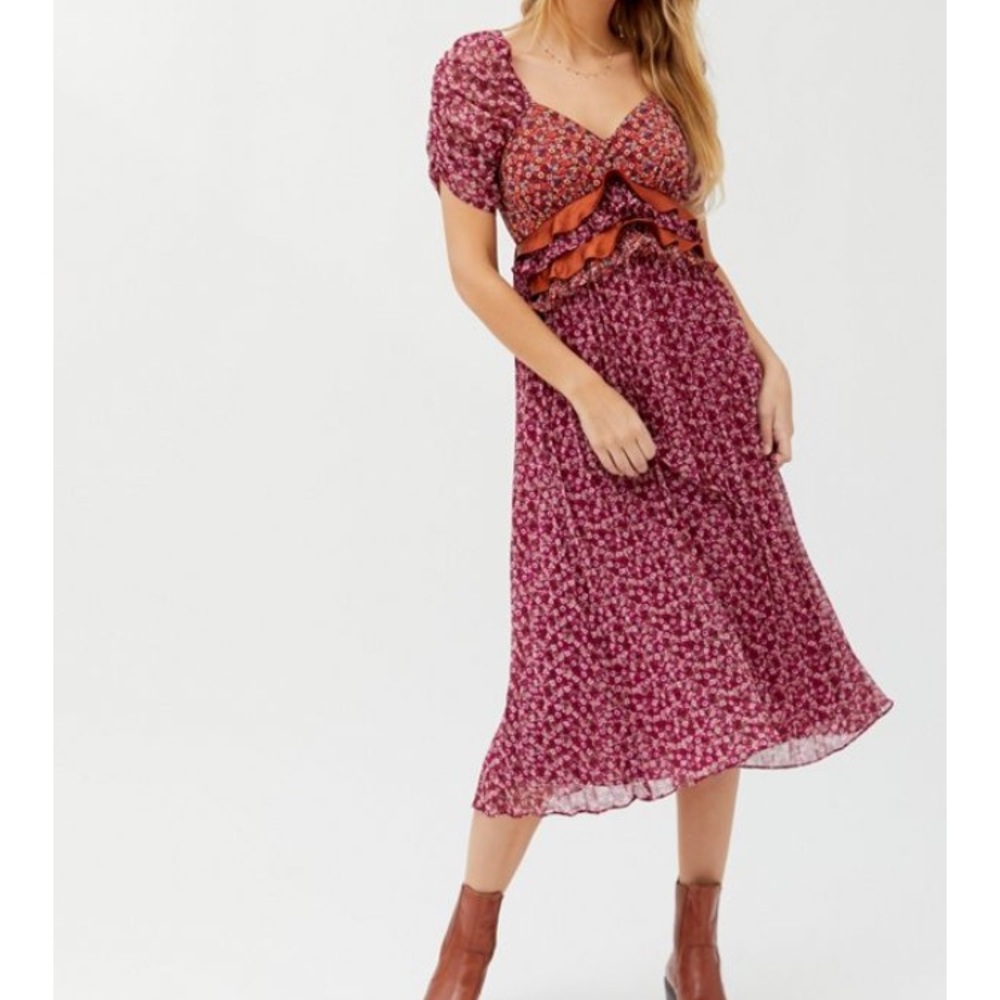 Mixed print ruffle midi dress
